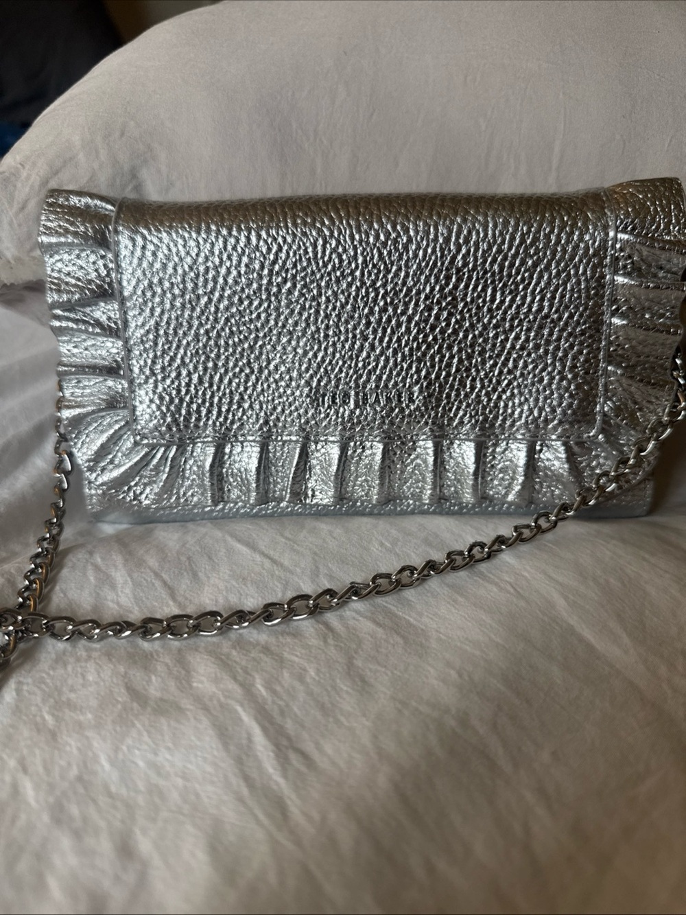 Ted Baker NEW Metallic Silver Ruffle-Trim Crossbody Bag